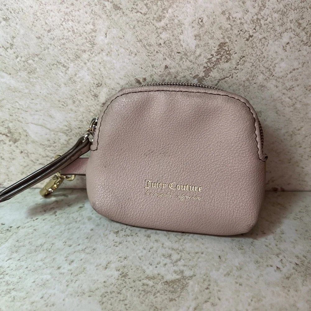 Juicy‎ Couture Zipper Coin Pouch Clip On Keychain Tan Beige & Gold Hardware